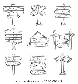 Doodle wood signs. Hand drawn wooden signpost label and arrows sketch, pencil point blank. Retro old street road sign post banner sketch showing direction cartoon isolated vector symbols set