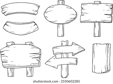 Sinais de madeira de doodle, setas de direção de madeira desenhadas à mão ajustadas. Esboço de seta de madeira, ilustração de tábua de madeira quadro. vetor para o seu projeto da web. conjunto de vetor de linha	
