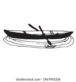 Doodle Wooden boat. Vector drawing . Isolated on a white background, vector. Elements for Print for a postcard and Illustration for a T-shirt. Camping. Travel.