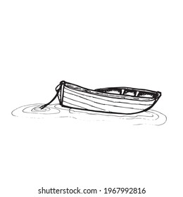 Doodle Wooden boat. Vector drawing . Isolated on a white background, vector. Elements for Print for a postcard and Illustration for a T-shirt. Camping. Travel.