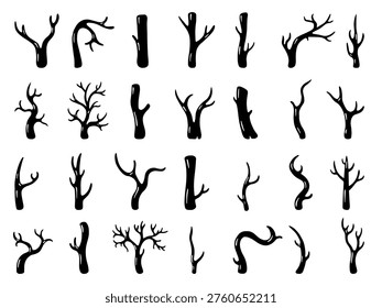 Doodle wooden branches. Rustic tree sticks, dry branch and logs. Wood silhouettes, black firewood clipart. Natural stick, autumn forest nature neoteric vector set