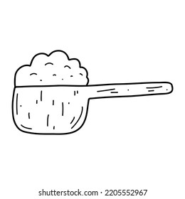 Doodle wooden scoop with flour. Sketch vector illustration of cereals, sugar, powder, coconut flakes.