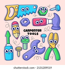Doodle Wooden tool elements with colored hand drawn cartoon style