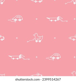 Doodle Wooden Wheeled Kid Toy Seamless Pattern. Car, Dog, Duck toys. Baby Pink Background. Childish wallpaper. Childhood. Vector illustration