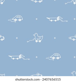 Doodle Wooden Wheeled Kid Toy Seamless Pattern. Car, Dog, Duck toys. Baby Blue Background. Childish wallpaper. Childhood. Vector illustration