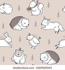 Doodle woodland animals seamless pattern on beige background, Christmas cute sleeping bear repeat pattern