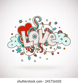 Doodle word LOVE with snowflakes, light bulbs, clouds and heart.
