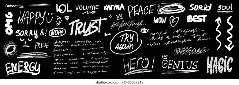 Conjunto de garabatos de palabra de garabato, dibujado a mano icono de boceto vector colección de letras de escritura a mano desordenada. Lápiz de tinta de la pared de la inscripción de la emoción cómica de la inscripción de la textura de elementos de énfasis. Palabra de garabato simple