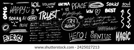 Doodle word scribble set, hand drawn sketch icon vector messy handwriting lettering collection. Pencil ink wall inscription comic emotion sign inscription texture emphasis elements. Simple doodle word