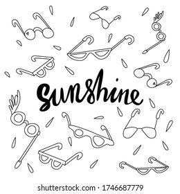 Doodle con el sol de la palabra e ilustración al fondo con gafas de sol en estilo doodle. 