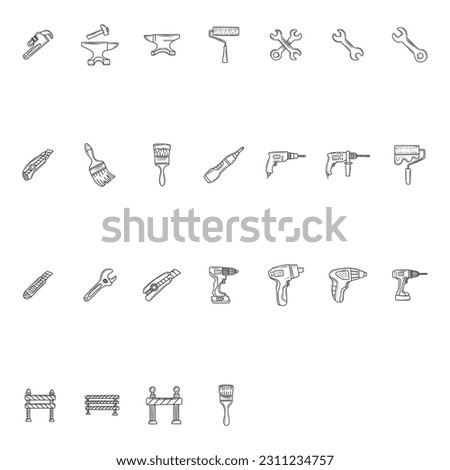 Doodle work tools industrial equipment. hand drawn Vector illustration