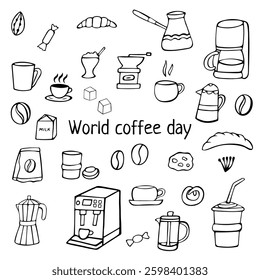 Doodle world coffee day, hand drawn coffee background