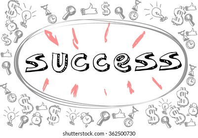 Doodle world Success in frame on the business items background. Business concept