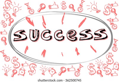 Doodle world Success in frame on the business items background. Business concept