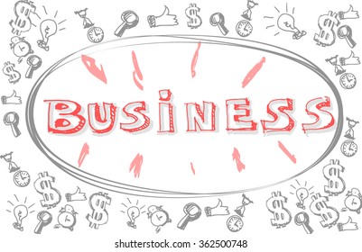 Doodle world Success in frame on the business items background. Business concept