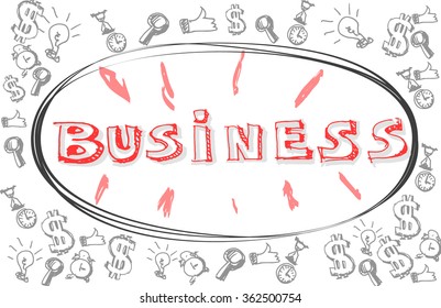 Doodle world Success in frame on the business items background. Business concept