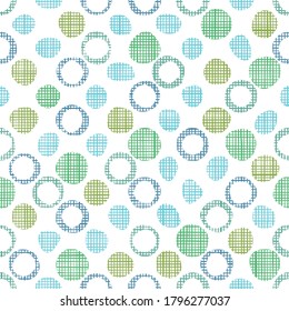 Textura de tela tejida con doodle en burbujas y puntos. Patrón de textil sin foco. Ropa repetitiva o textura de algodón. Colores azul y verde pastel.