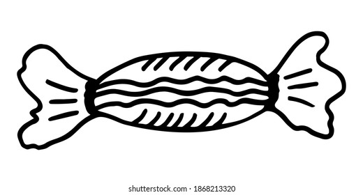Doodle wrapped candy illustration. Hand drawn dessert isolated on white background. Vector festive icon for candy shop poster. Sweet unhealthy food. Doodle style hard candy sketch in vector format.