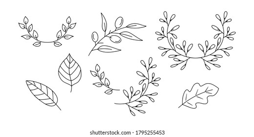 Doodle wreath, branch, leaf, olive icon isolated on white. Frame, border for design. Vector stock illustration. EPS 10