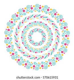 Doodle wreath. Vector hand drawn set of floral round wreaths. Summer circle garland frame. Isolated. On white background. Red, yellow, green, blue elements.