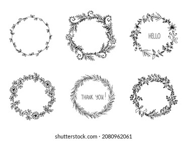 Doodle wreaths with flower leaves. A set of frames for wedding greeting cards designs. Silhouette of sketches isolated on white background. Hand drawn vector illustration.