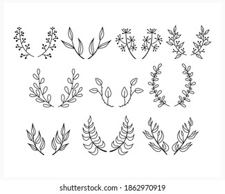 Doodle wreaths set icon isolated on white. Sketch eco sticker. Branch with leaf. Frame, border for design. Hand dwawing art line. Outline vector stock illustration. EPS 10