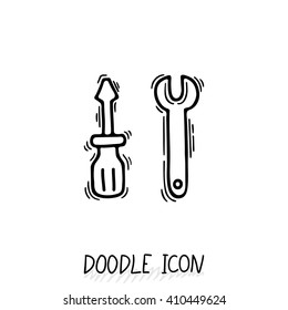 Doodle wrench and screwdriver icon. Working icon.