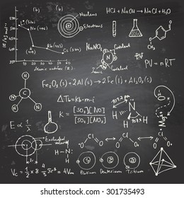 Doodle writing and drawing of chemical formulas with a chalk on a blackboard