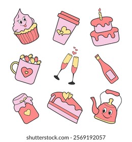 Doodle Y2K Happy Valentine's Day Sweet Sticker Set. Trendy Retro Love Icons. Love post office. Romantic objects Isolated. Cute Collection Elements Vector Illustration, Cupcake, Cake, Heart, Coffee.