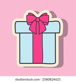 Doodle Y2K Sticker Gift Box Isolated On Pink Background. Vector Illustration Cute Element Hand Drawn. Sticker Suitable For Valentine's Day, Birthday, Wedding.