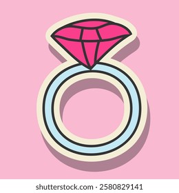 Doodle Y2K Sticker Ring With Gemstone Isolated On Pink Background. Vector Illustration Cute Coffee Element Hand Drawn. Sticker Suitable For Valentine's Day, Birthday, Wedding.