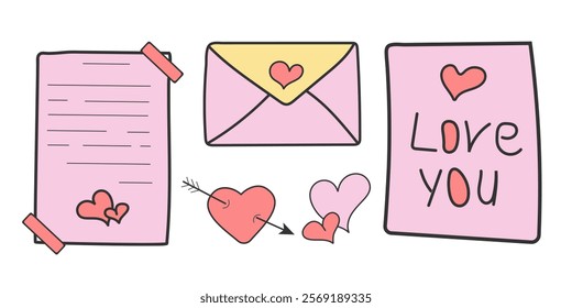 Doodle Y2K Valentine's Day Sweet Sticker Set. Trendy Retro Love Icons. Love post office. Romantic objects Isolated. Cute Collection Elements Vector Illustration, Envelope, Love Letter, Heart, Arrow.