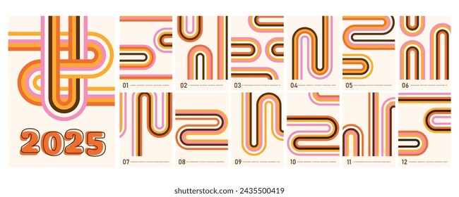 Doodle. Year 2025. Calendar for 2025. Abstract calendar. A 12-month calendar with figures. Retro figures for a planner. Monthly calendar