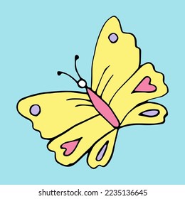 Doodle yellow butterfly silhouette isolated on blue. Hand drawn print vector illustration