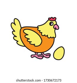 doodle yellow chicken with egg, vector illustration isolated on white background