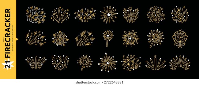 Doodle Kit de petardo de confeti amarillo. Dibujado a mano Celebrar el Paquete del elemento de fuegos artificiales en fondo negro. Ilustración vectorial de línea