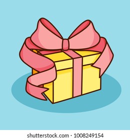 Doodle yellow gift box with pink bow on blue background. Vector illustration
