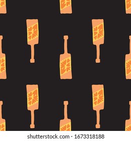 Doodle yellow glass bottle seamless pattern on black background.  Alcohol bar bottles in doodle style. Design for fabric, textile print, wrapping paper. Creative vector illustration