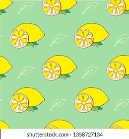 Doodle yellow lemons and leaves behind green background