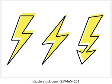 Doodle yellow lightning icon. Thunder charging power for electricity and batteries. Hand drawn light. Vector stock illustration