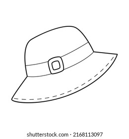 Doodle Yellow panama. Summer sun hat. Headdress. Personal accessory for hiking, tourism, travel, vacation. Outline black and white vector illustration isolated on a white background.