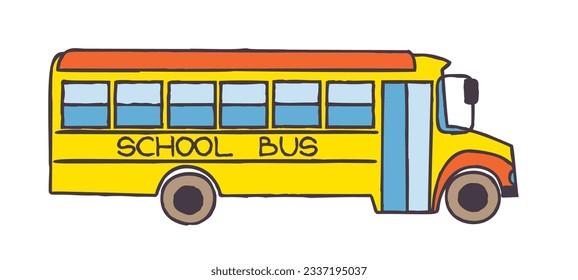 Doodle-Gelbe Schulbus-Symbol. Farbiges handgezeichnetes Bussymbol
