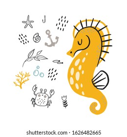 Doodle yellow seahorse for childish design. Underwater marine animal with crab, seaplant, anchor and starfish. Scandinavian style vector pattern with horsefish.