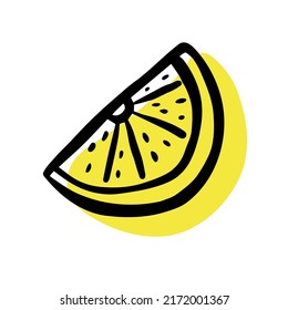 Doodle yellow slice of lemon. Hand-drawn citrus on white background. Delicious fruit is a symbol of summer, wholesome nutrition, natural food. Ingredient for lemonade, juice menu. Vector illustration