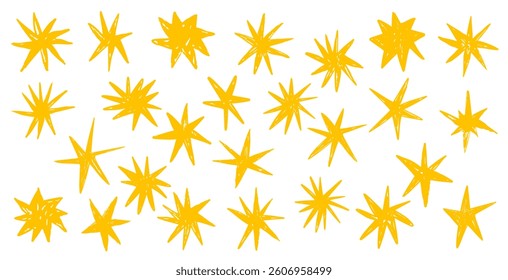 Doodle yellow stars glitter spark freehand hand drawn scrapbook bursting elements. Sketch scribble monochrome simple line stroke brush set