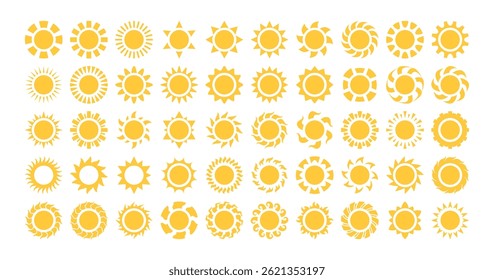 Doodle yellow sun with rays scribble, bright shiny summertime elements set isolated on white