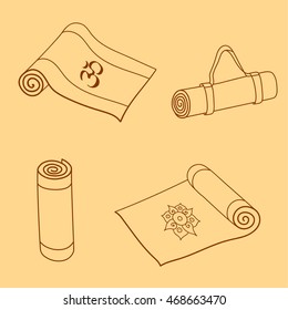 Doodle yoga or fitness mats and sack. Hand drawn set for yoga class or gym. Vector EPS10 illustration.