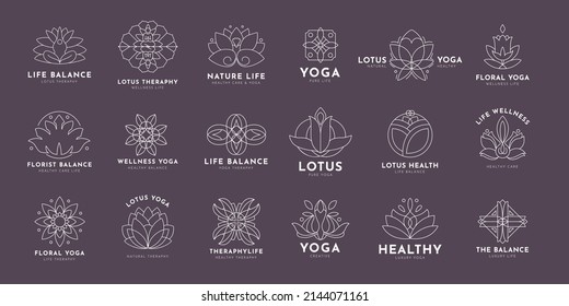 Doodle Yoga and and lotus logo, set of hand-drawn botanical, floral set of wildflowers and herbs, vector objects isolated on a white background. One Line Drawing Vector Flowers Set.