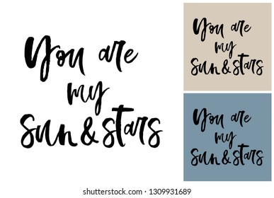 Doodle you are my sun and stars text. Hand drawn illustration for nursery. Simple art composition in scandinavian style for decoration baby room and toys.