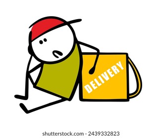 Doodle young delivery service employee lost his way. Vector illustration of a problem at work, a courier in a cap fell, sits on the ground, holds a box. Isolated character on white background.